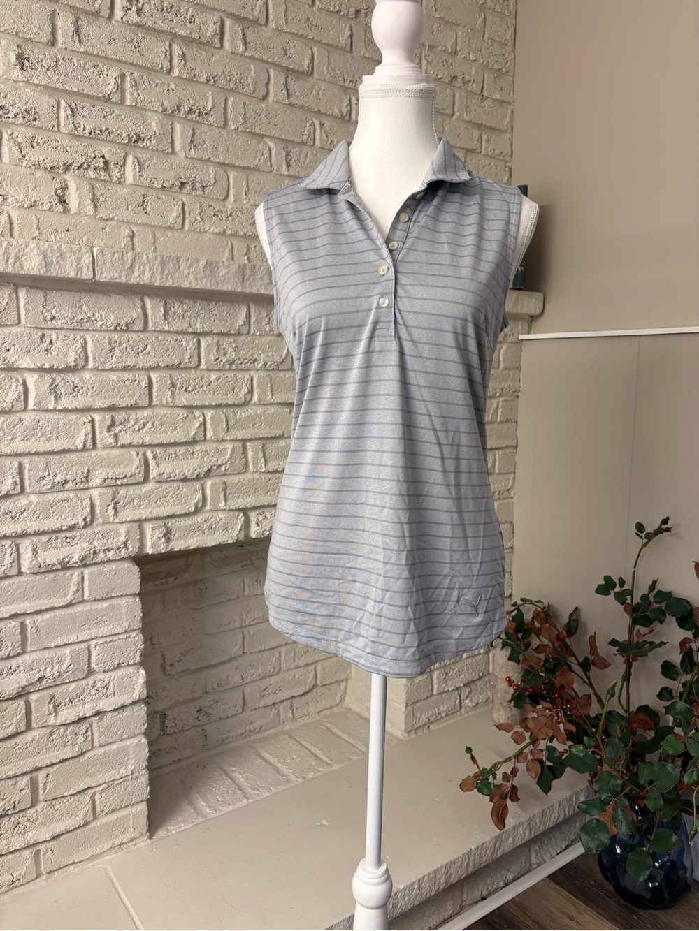 PUMA Golf Rotation Stripe Sleeveless Polo Shirt Grey Quarry Size Small